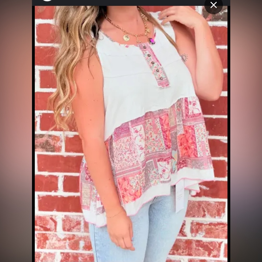 POL Pretty Boho Multicolor Patchwork Top Henley B… - image 2
